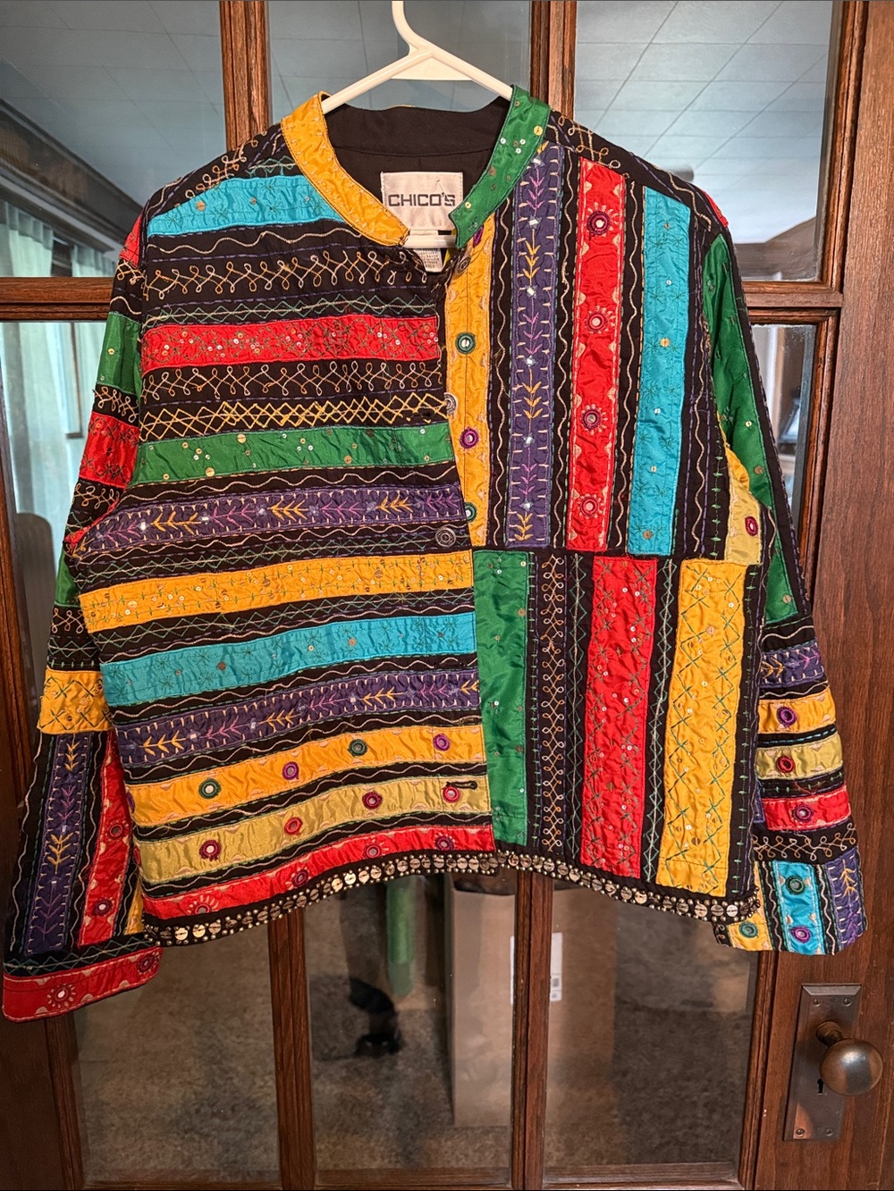 Chico's Multicolor Embroidered Patchwork Jean Jacket